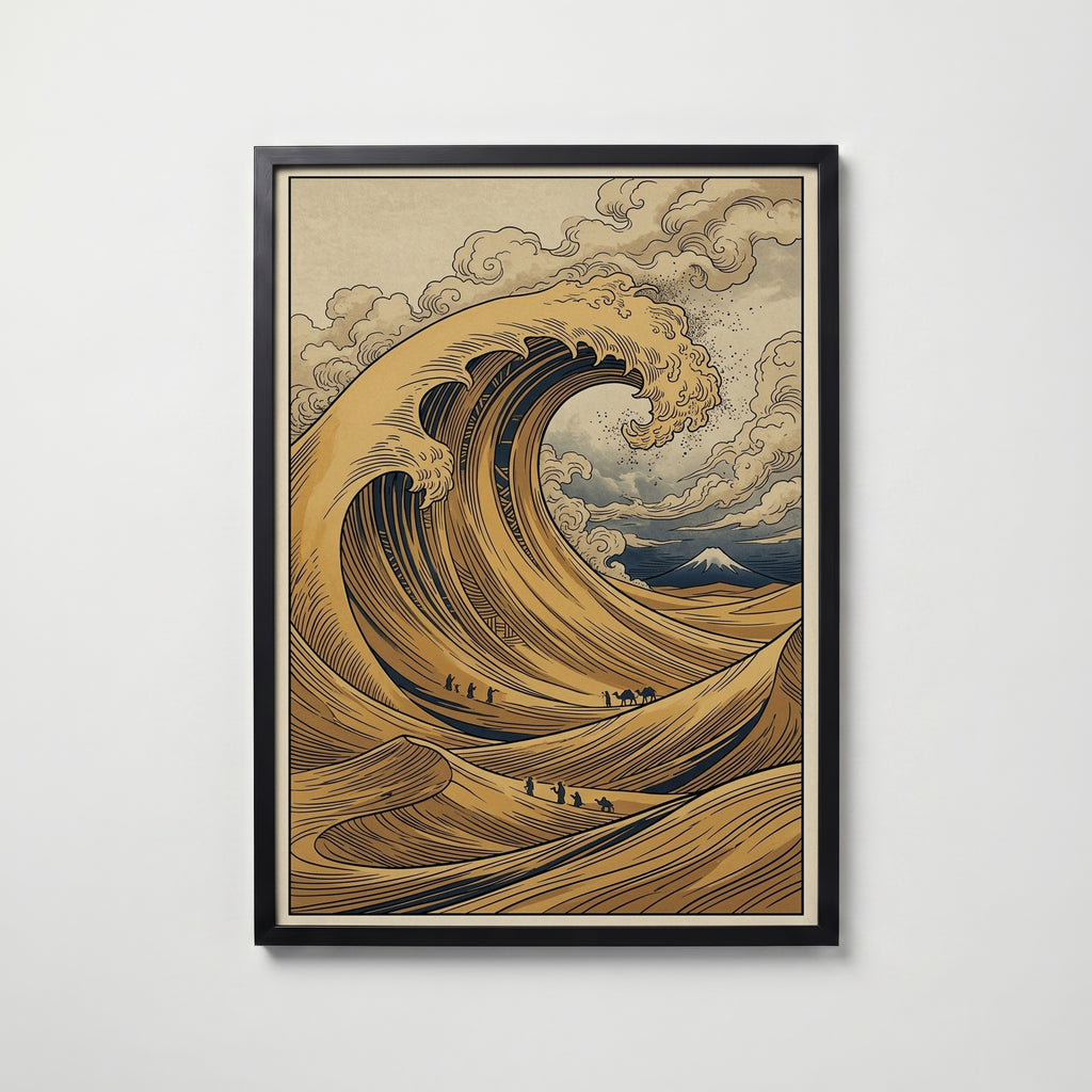 Desert Wave Poster – inramad i svart ram med vit passepartout, grafisk kontrast