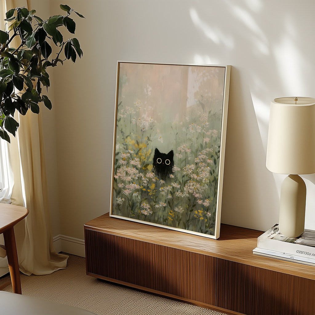 Mockup av Silent Meadow Cat affisch på vägg – köp enkelt hos Bozetto i hög kvalitet