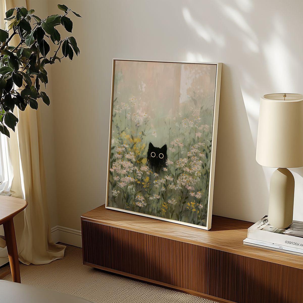 Mockup av Silent Meadow Cat affisch på vägg – köp enkelt hos Bozetto i hög kvalitet