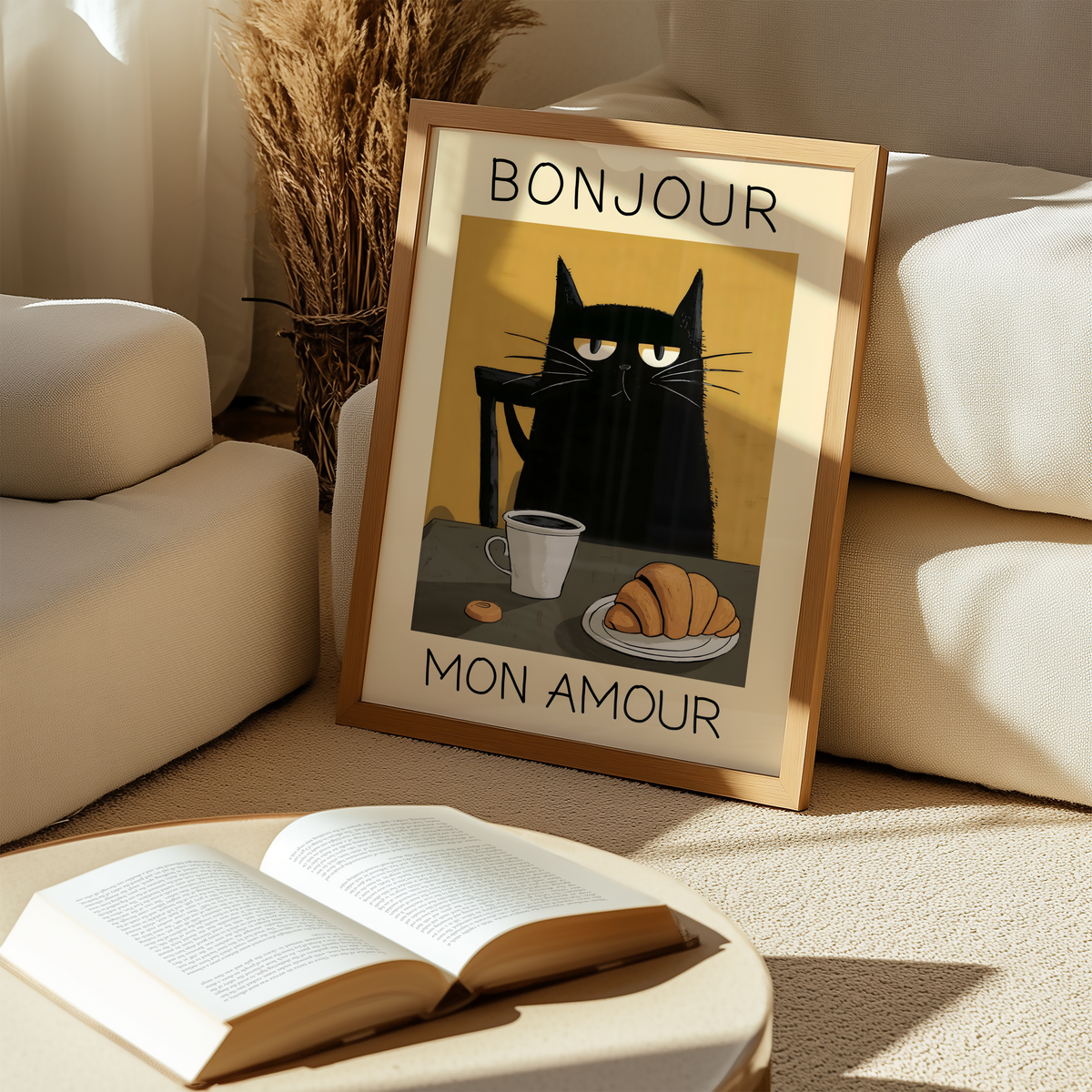 Mockup av Parisian Cat Breakfast affisch på vägg – köp enkelt hos Bozetto i hög kvalitet