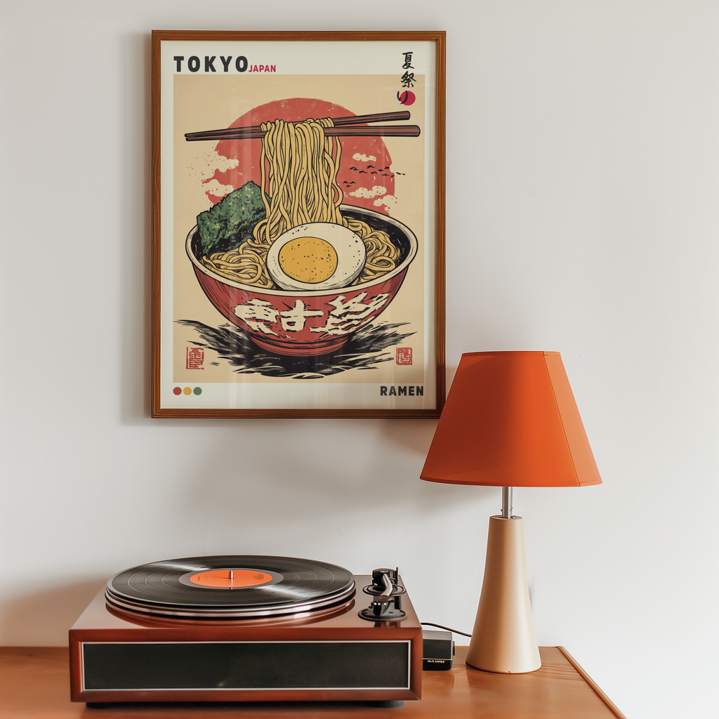 Mockup av Retro Ramen Bowl affisch på vägg – köp enkelt hos Bozetto i hög kvalitet