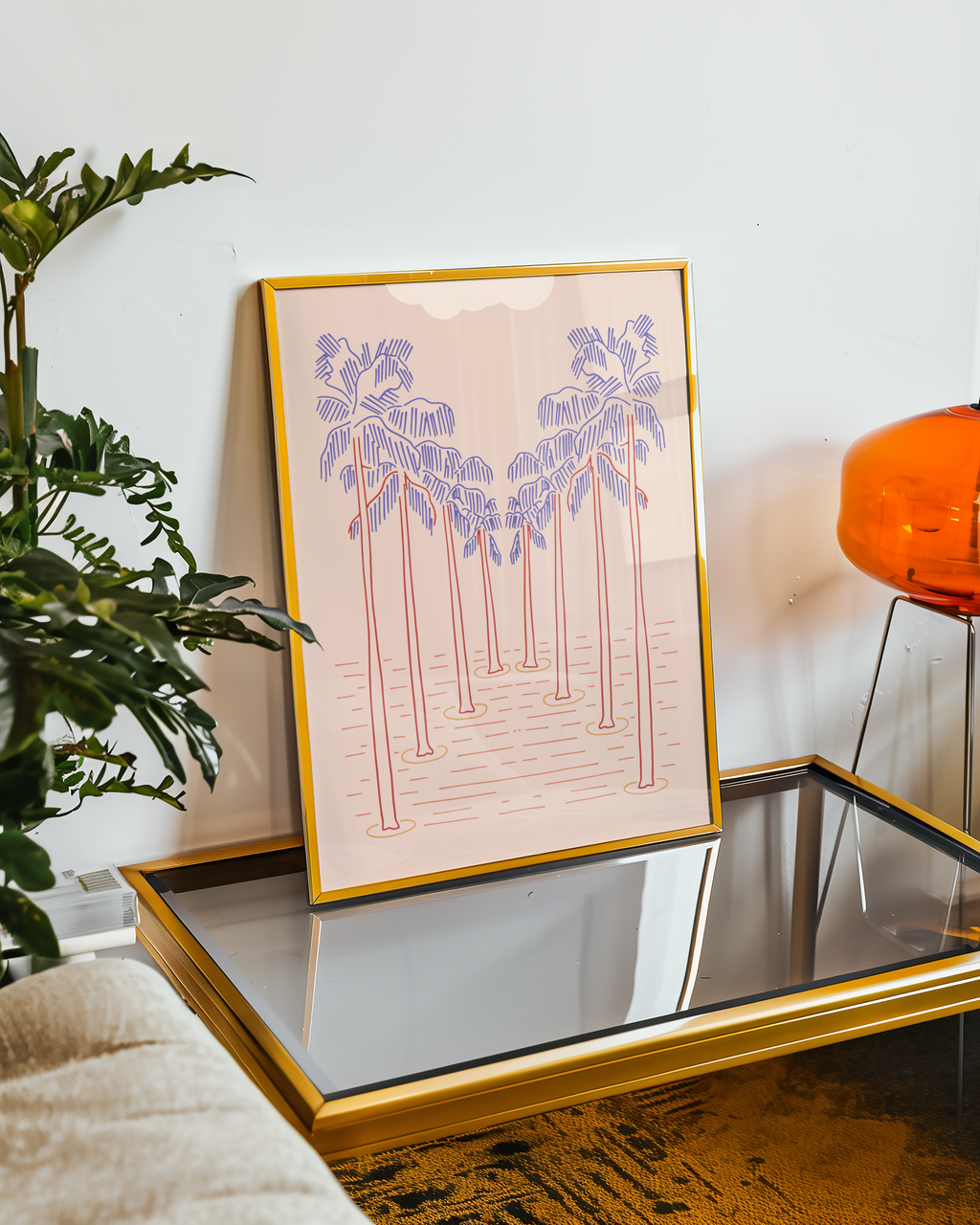 Mockup av Palm Dream Sunset affisch på vägg – köp enkelt hos Bozetto i hög kvalitet
