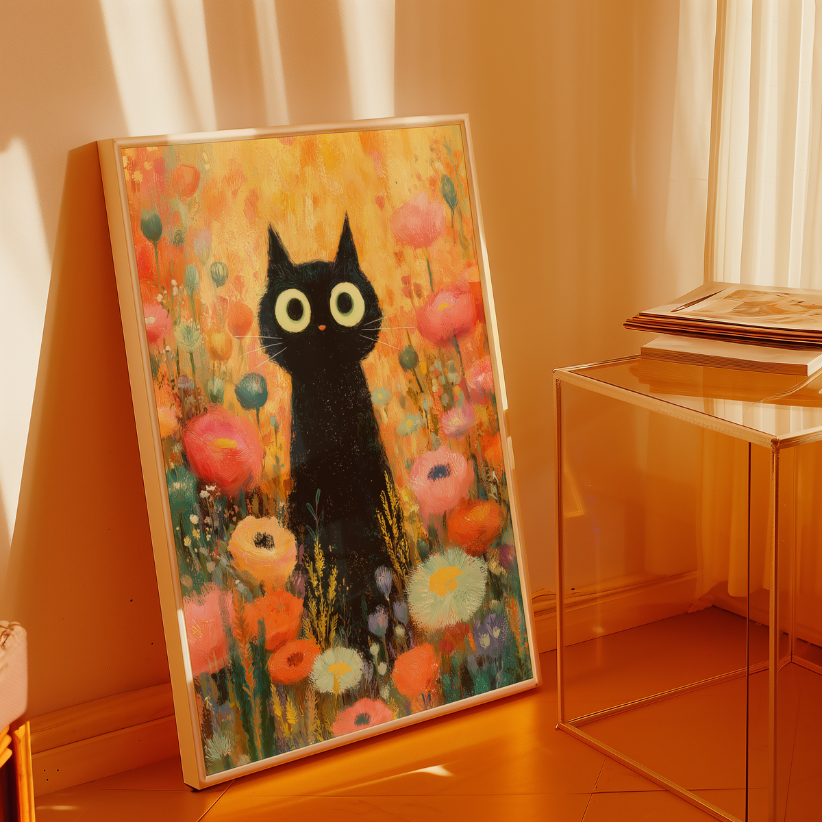Mockup av Midnight Bloom Cat affisch på vägg – köp enkelt hos Bozetto i hög kvalitet