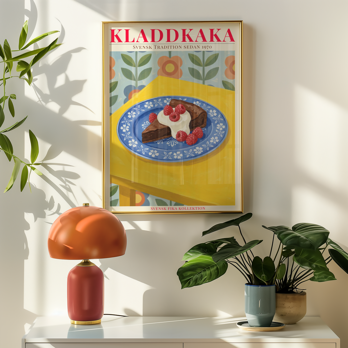 Väggmockup av Kladdkaka affisch på ljus tegelvägg – Bozetto konsttryck i hög tryckkvalitet