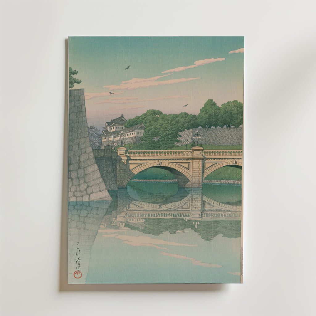 Hasui Kawase Morning at Nijubashi Bridge 1930 Poster – utan passepartout