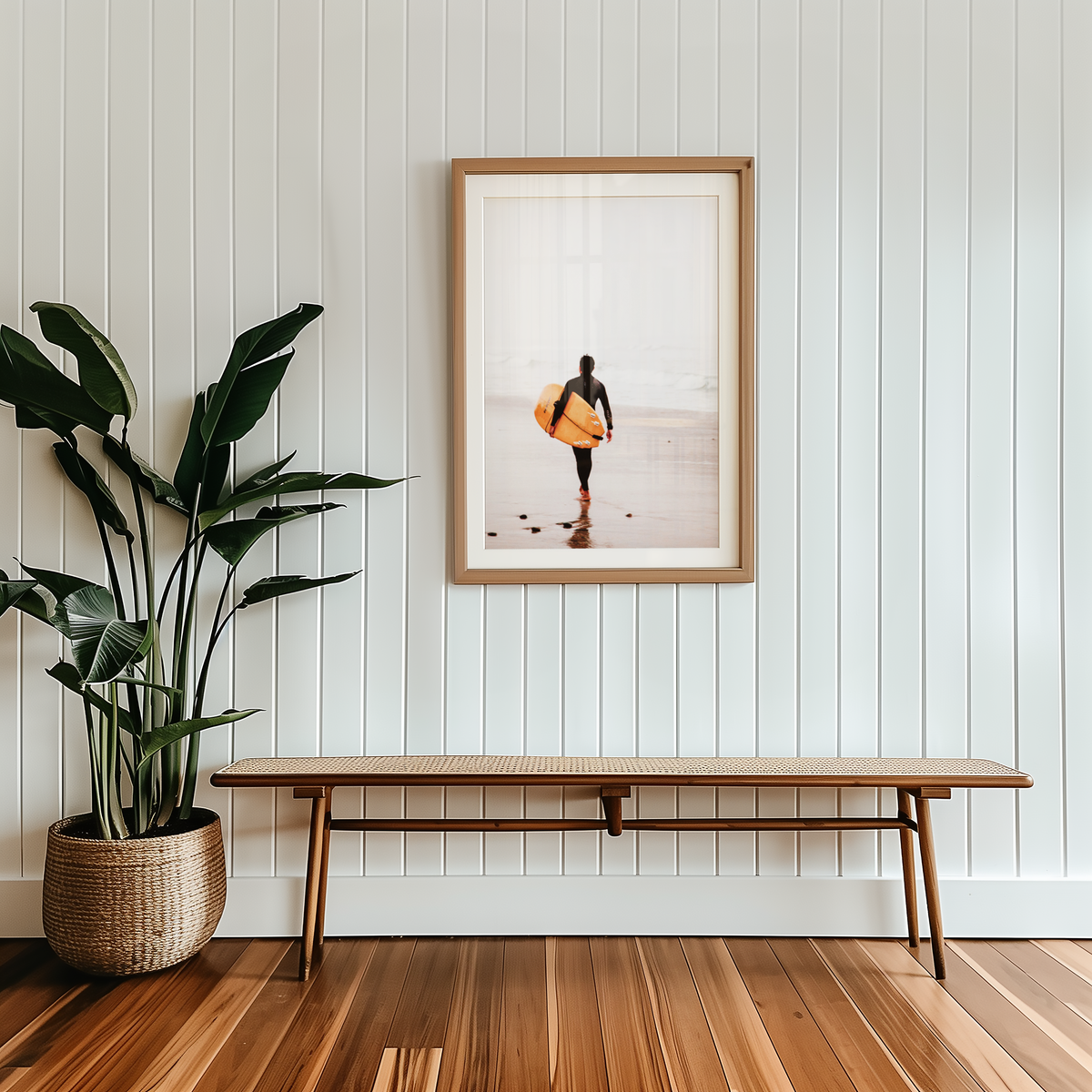 Väggmockup av Surfers Dawn affisch på ljus tegelvägg – Bozetto konsttryck i hög tryckkvalitet