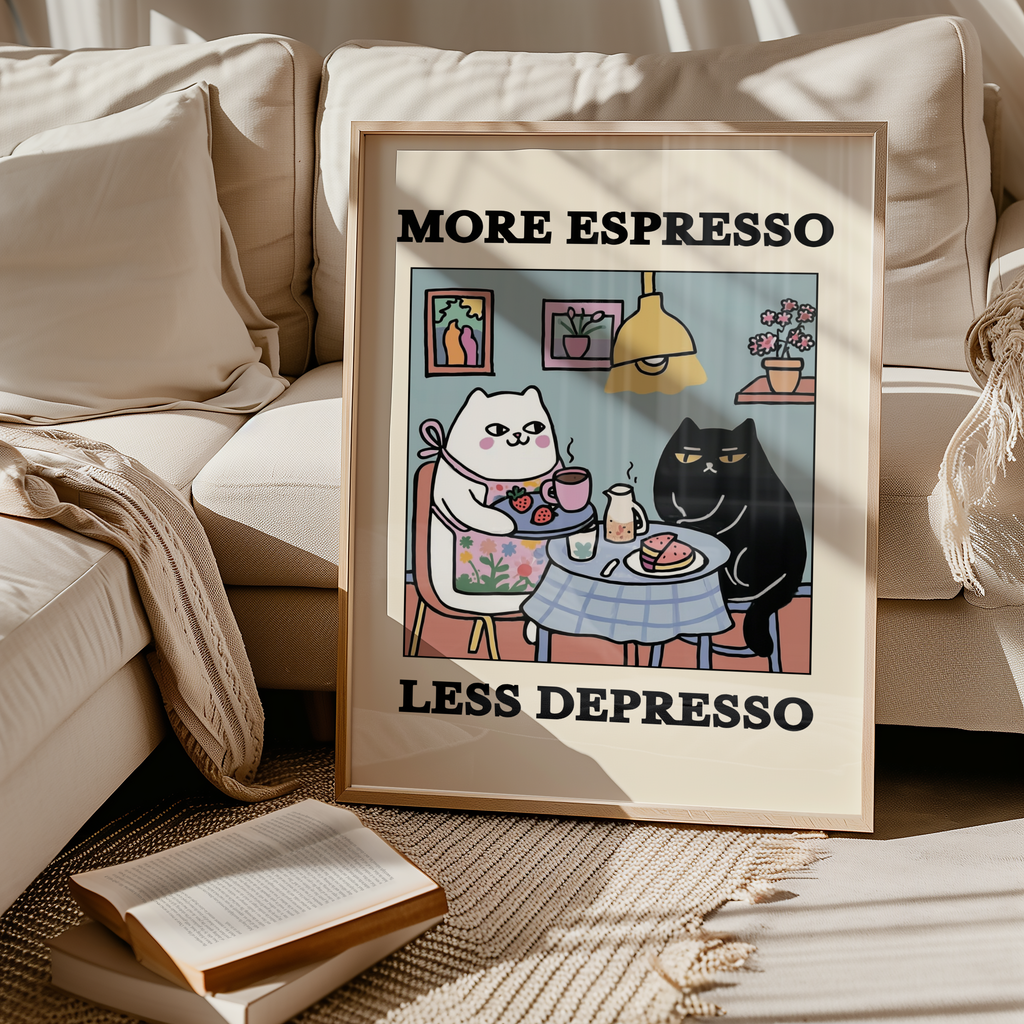 Mockup av Espresso Therapy affisch på vägg – köp enkelt hos Bozetto i hög kvalitet