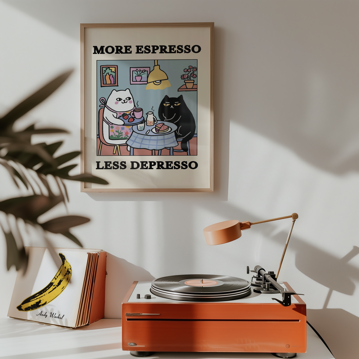 Väggmockup av Espresso Therapy affisch på ljus tegelvägg – Bozetto konsttryck i hög tryckkvalitet