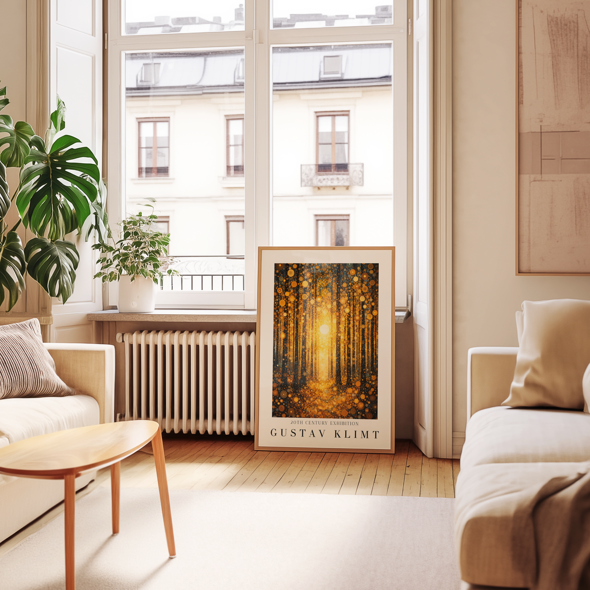 Mockup av Gustav Klimt Golden Forest affisch på vägg – köp enkelt hos Bozetto i hög kvalitet