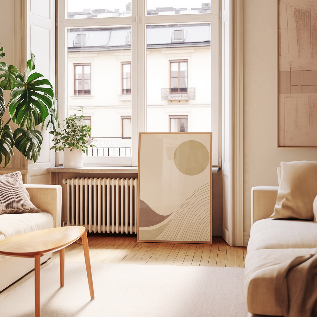 Mockup av Abstract Sunscape affisch på vägg – köp enkelt hos Bozetto i hög kvalitet