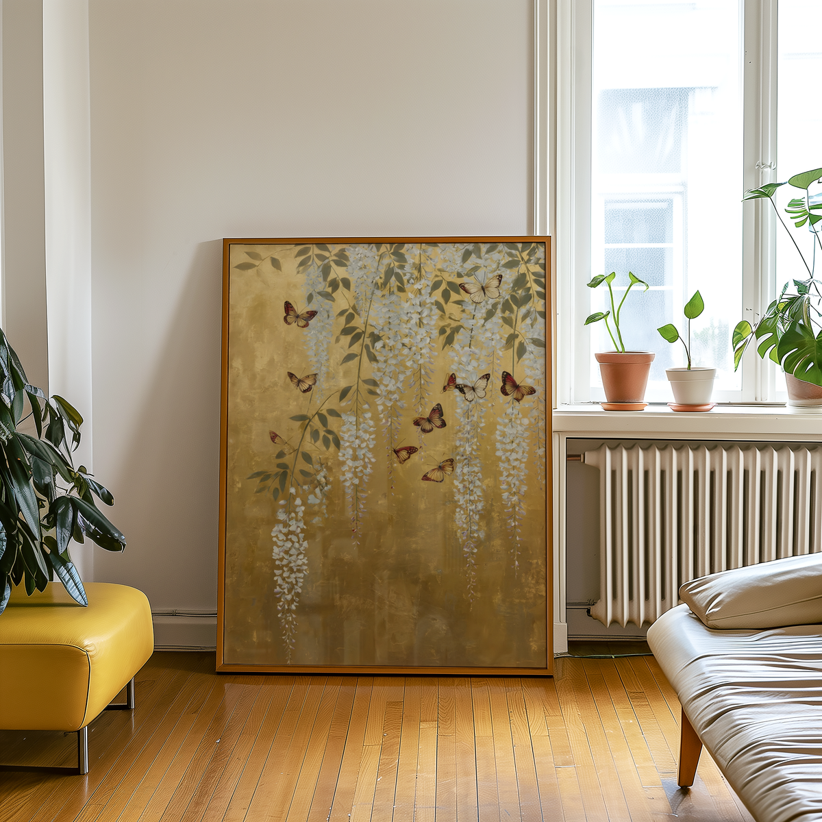 Mockup av Golden Wisteria Butterflies affisch på vägg – köp enkelt hos Bozetto i hög kvalitet