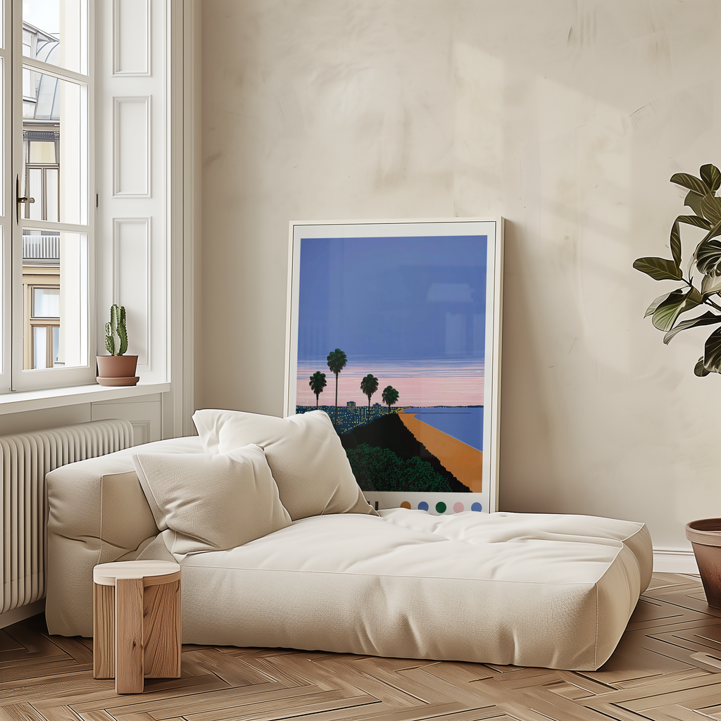 Väggmockup av Hiroshi Nagai Sunset Coastline affisch på ljus vägg – Bozetto konsttryck