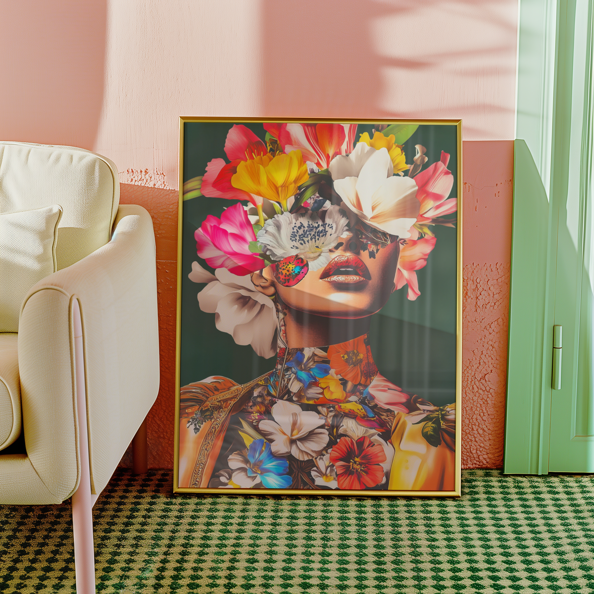 Mockup av Floral Mask Portrait affisch på vägg – köp enkelt hos Bozetto i hög kvalitet