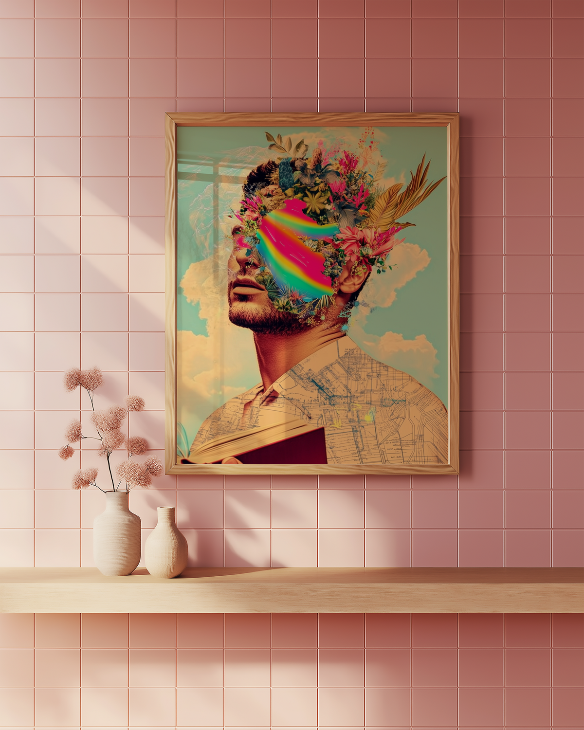 Mockup av Surreal Floral Mindscape affisch på vägg – köp enkelt hos Bozetto i hög kvalitet