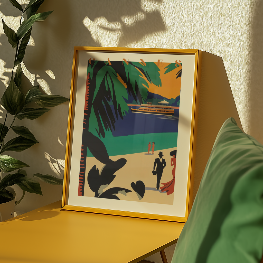 Mockup av Art Deco Cannes affisch på vägg – köp enkelt hos Bozetto i hög kvalitet