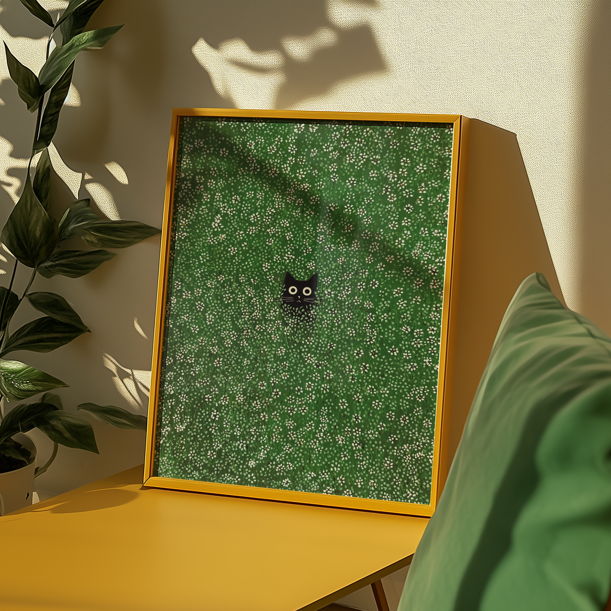 Mockup av Hidden Meadow Cat affisch på vägg – köp enkelt hos Bozetto i hög kvalitet