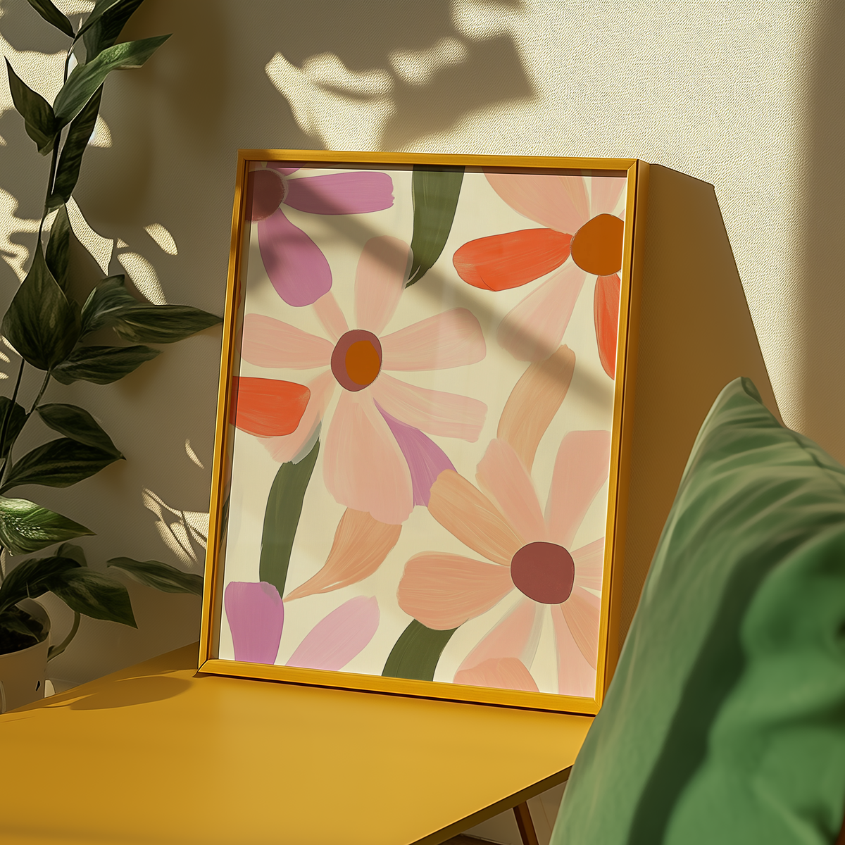 Mockup av Floral abstract daisy design affisch på vägg – köp enkelt hos Bozetto i hög kvalitet