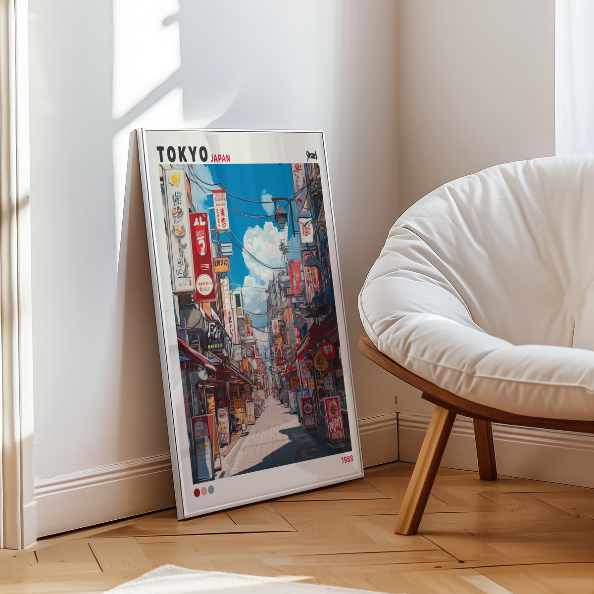 Mockup av Tokyo Bazaar 1988 affisch på vägg – köp enkelt hos Bozetto i hög kvalitet