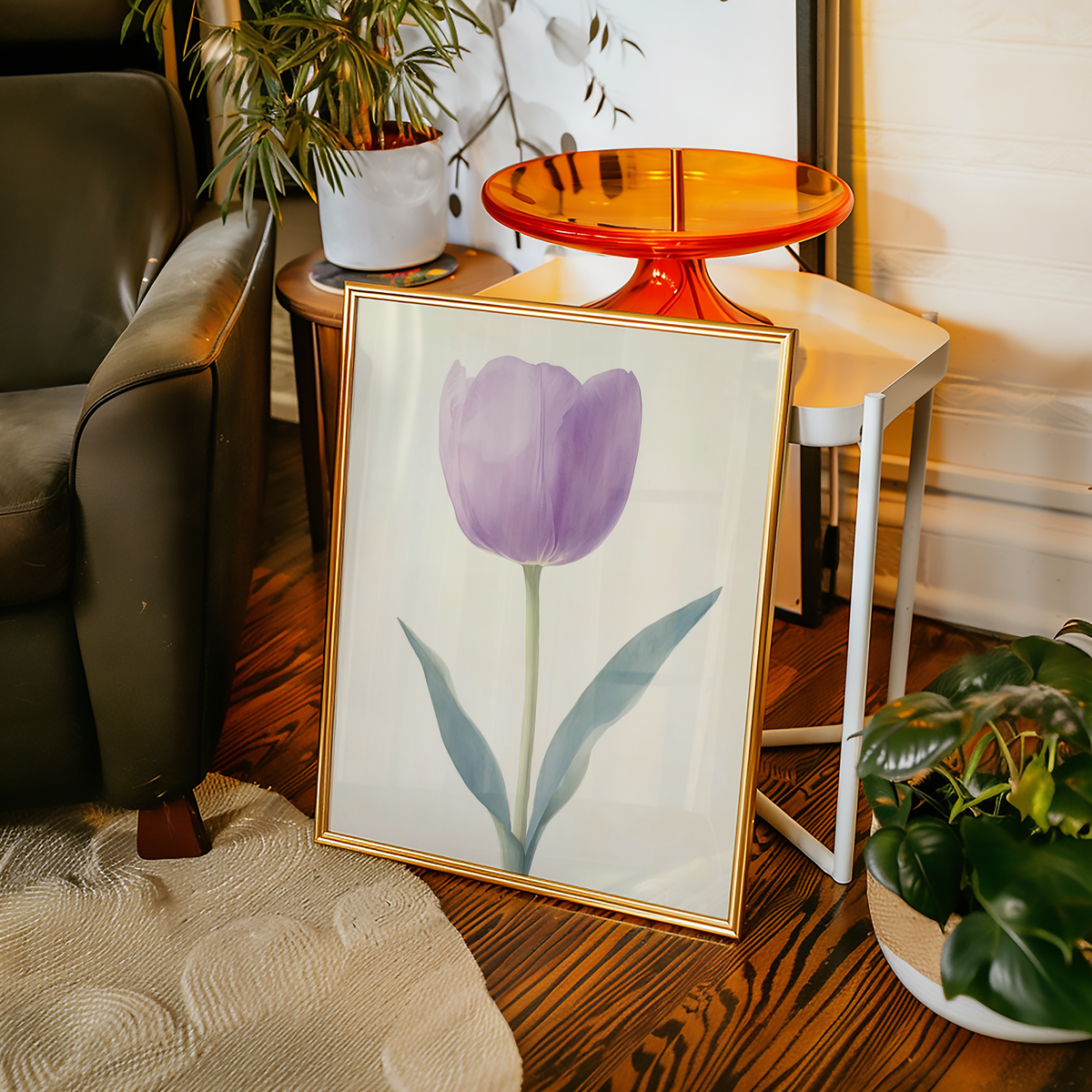 Väggmockup av Purple tulip affisch på ljus tegelvägg – Bozetto konsttryck i hög tryckkvalitet