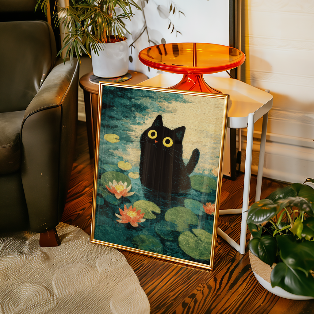 Väggmockup av Lily Pond Cat affisch på ljus tegelvägg – Bozetto konsttryck i hög tryckkvalitet