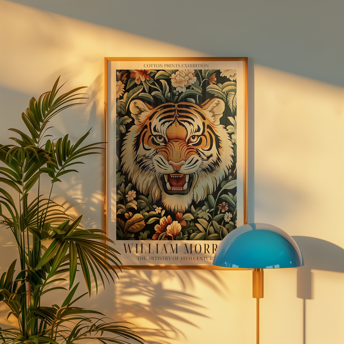 Mockup av Tiger Bloom William Morris affisch på vägg – köp enkelt hos Bozetto i hög kvalitet