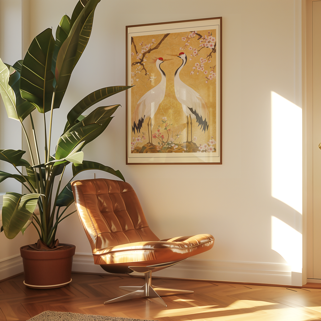 Mockup av Oriental Crane Garden affisch på vägg – köp enkelt hos Bozetto i hög kvalitet