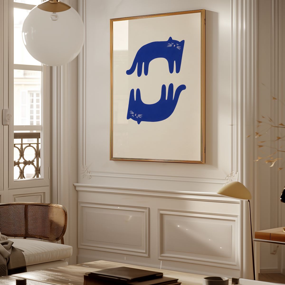 Blue Balance Cat poster visualiserad på vägg – se rätt storlek med mockup från Bozetto