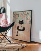 Väggmockup med Morning Routine Cat – köp enkelt hos Bozetto affisch i hög kvalitet