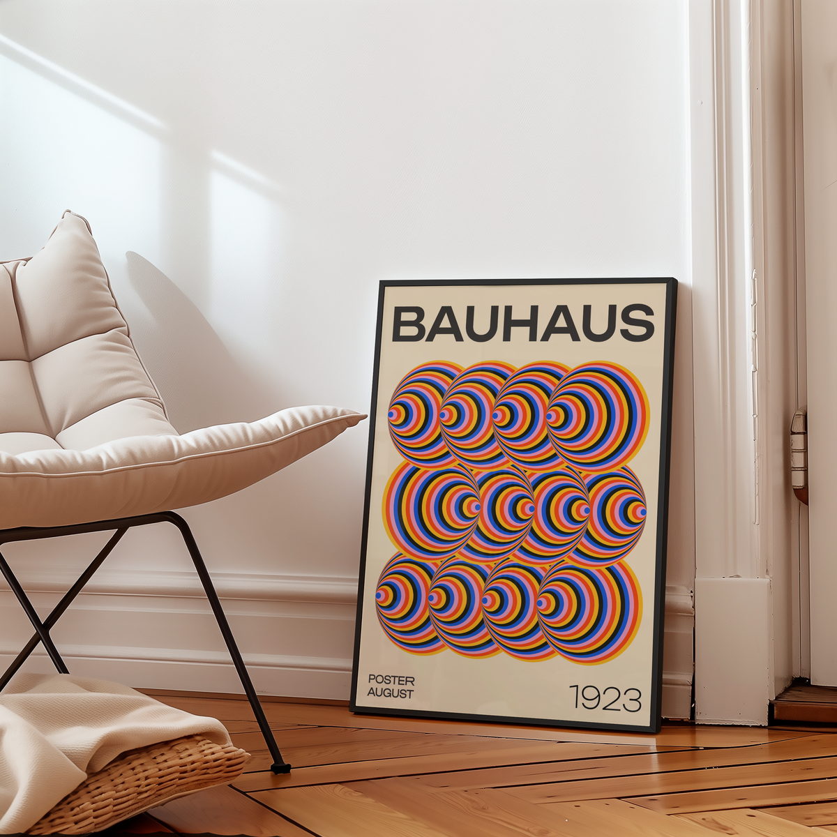 Väggmockup av Bauhaus Echo affisch på ljus tegelvägg – Bozetto konsttryck i hög tryckkvalitet