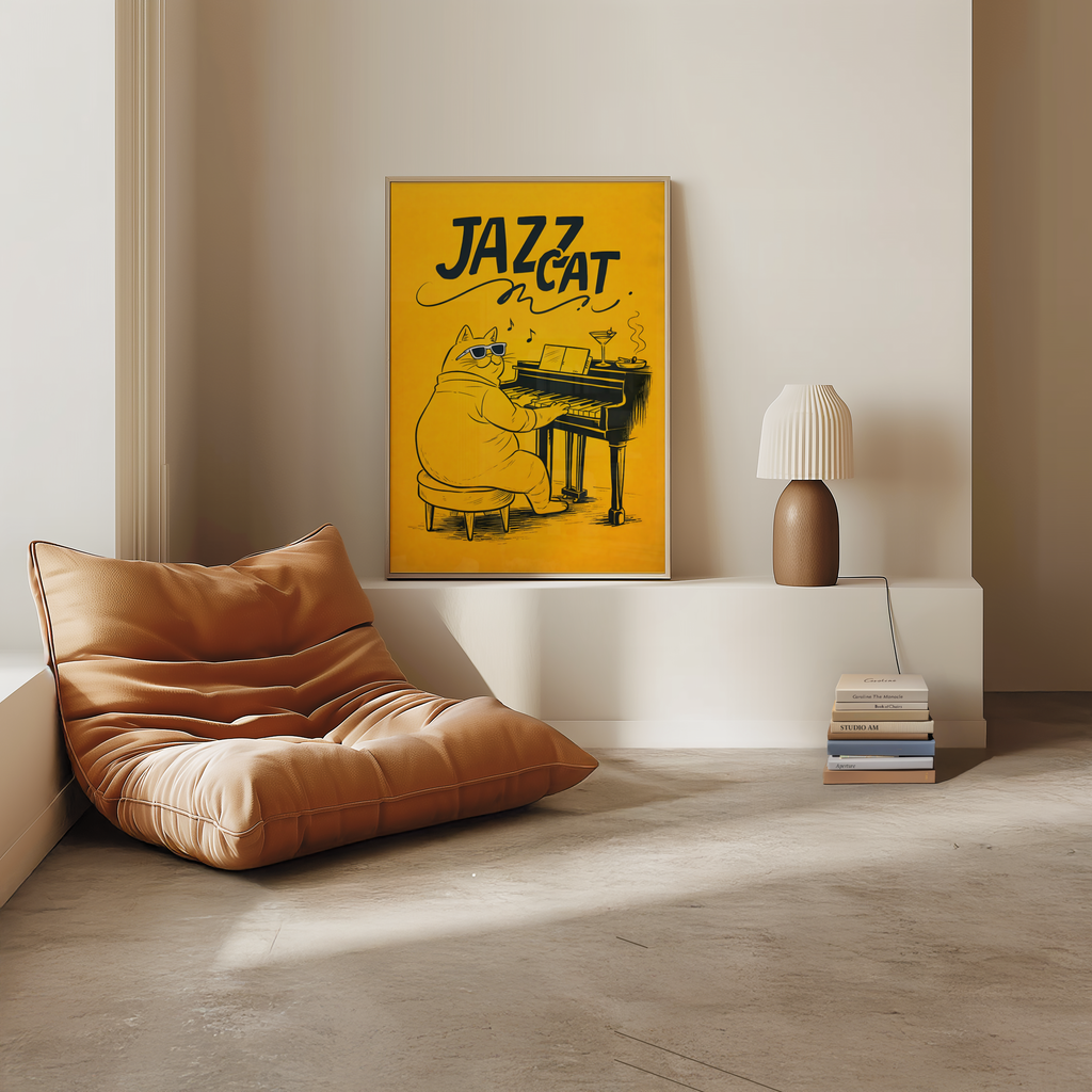 Väggmockup av Jazz Cat affisch på ljus tegelvägg – Bozetto konsttryck i hög tryckkvalitet