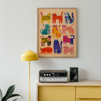 Mockup av Colorful Cat Parade affisch på vägg – köp enkelt hos Bozetto i hög kvalitet
