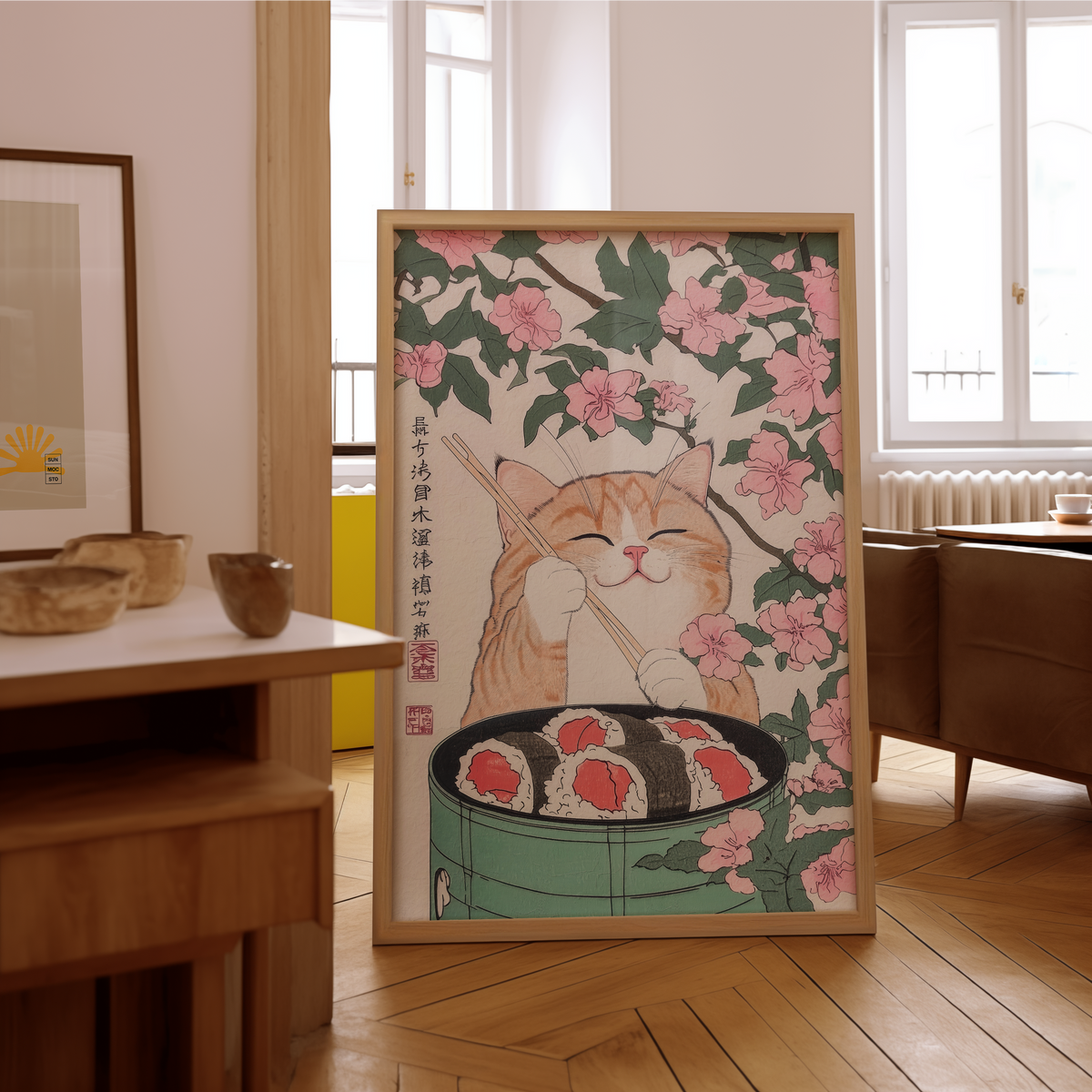 Väggmockup av Sakura Sushi Cat affisch på ljus tegelvägg – Bozetto konsttryck i hög tryckkvalitet