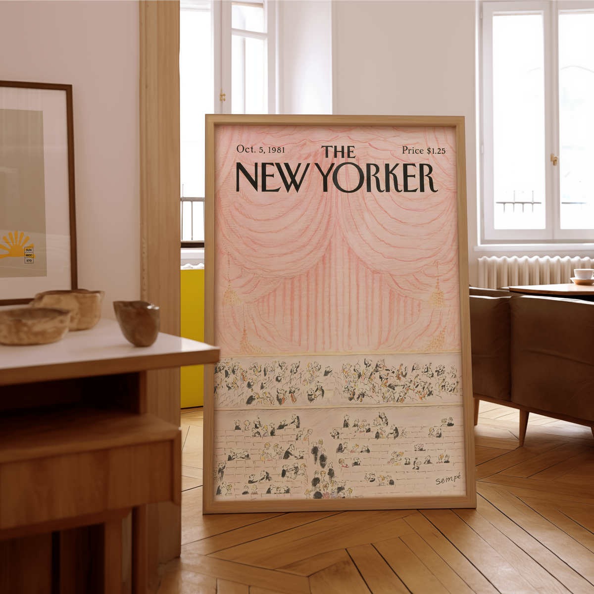 Mockup av New Yorker Grand Curtain affisch på vägg – köp enkelt hos Bozetto i hög kvalitet