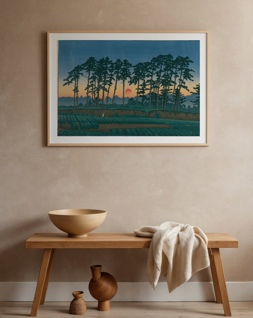 Hasui Kawase Setting Sun at Ichinokura Ikegami 1928 Poster – i rum 5
