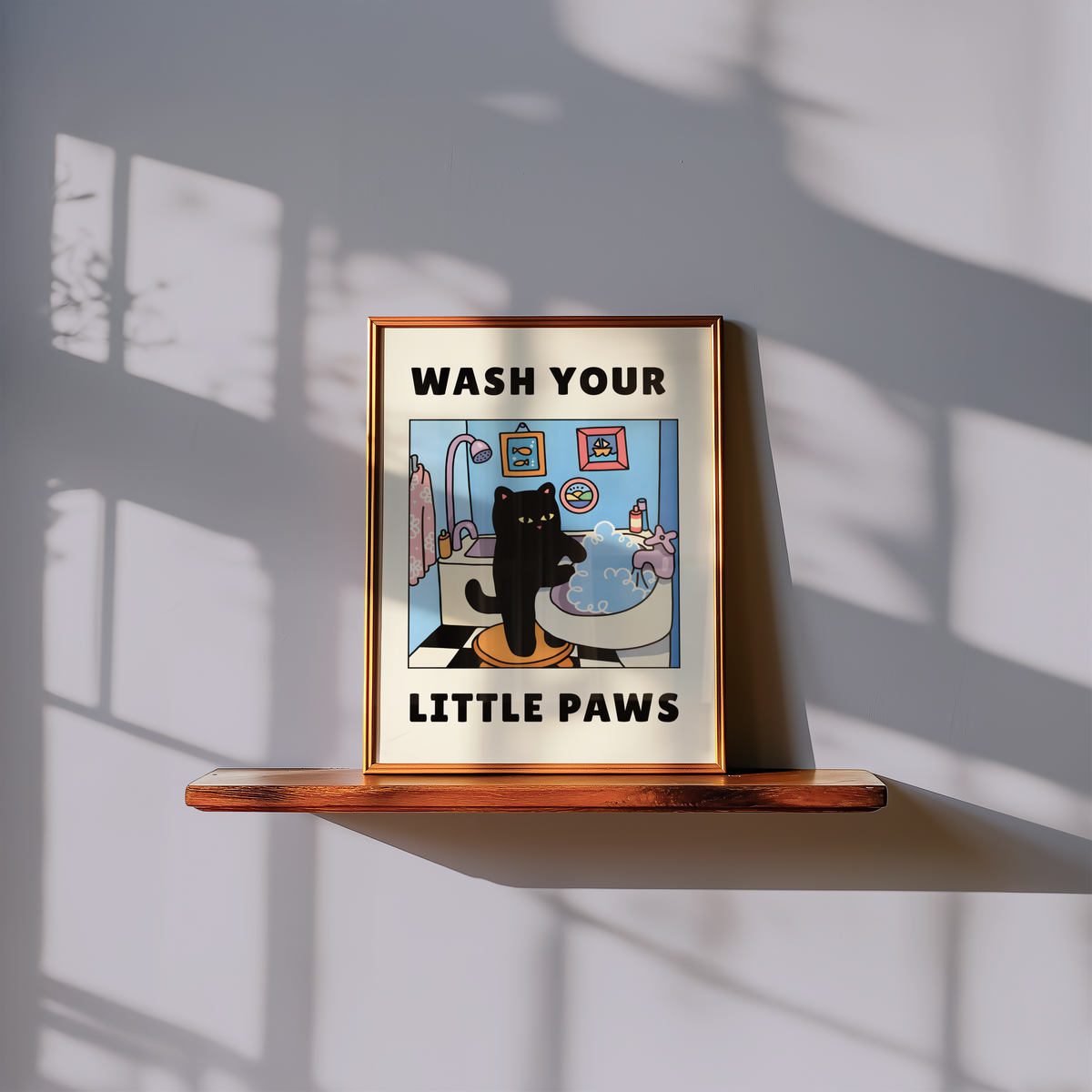 Mockup av Wash Your Little Paws affisch på vägg – köp enkelt hos Bozetto i hög kvalitet