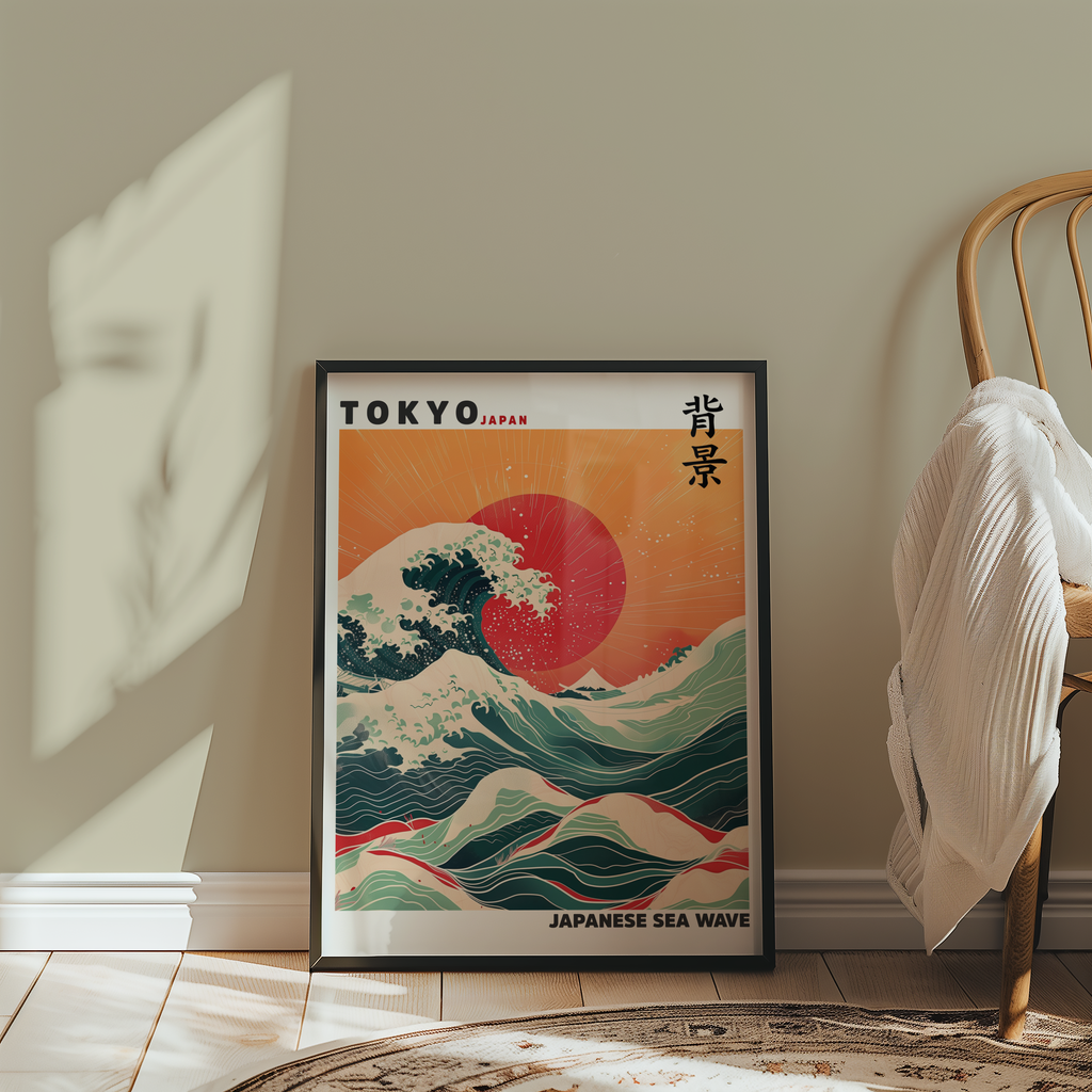 Mockup av Japanese Sea Wave affisch på vägg – köp enkelt hos Bozetto i hög kvalitet