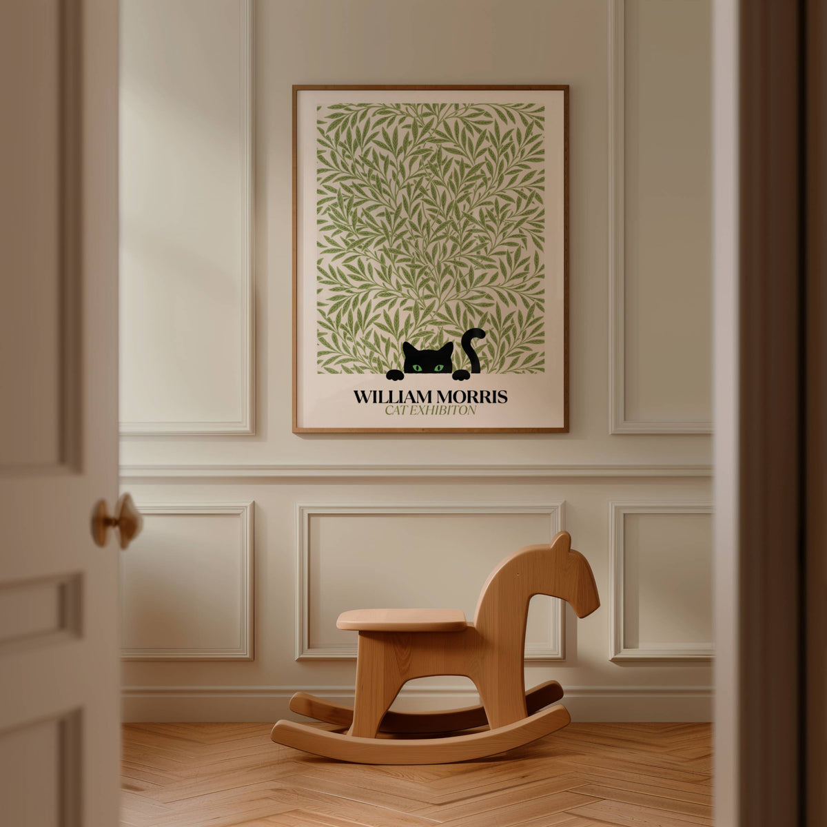 Mockup av William Morris Cat affisch på vägg – köp enkelt hos Bozetto i hög kvalitet