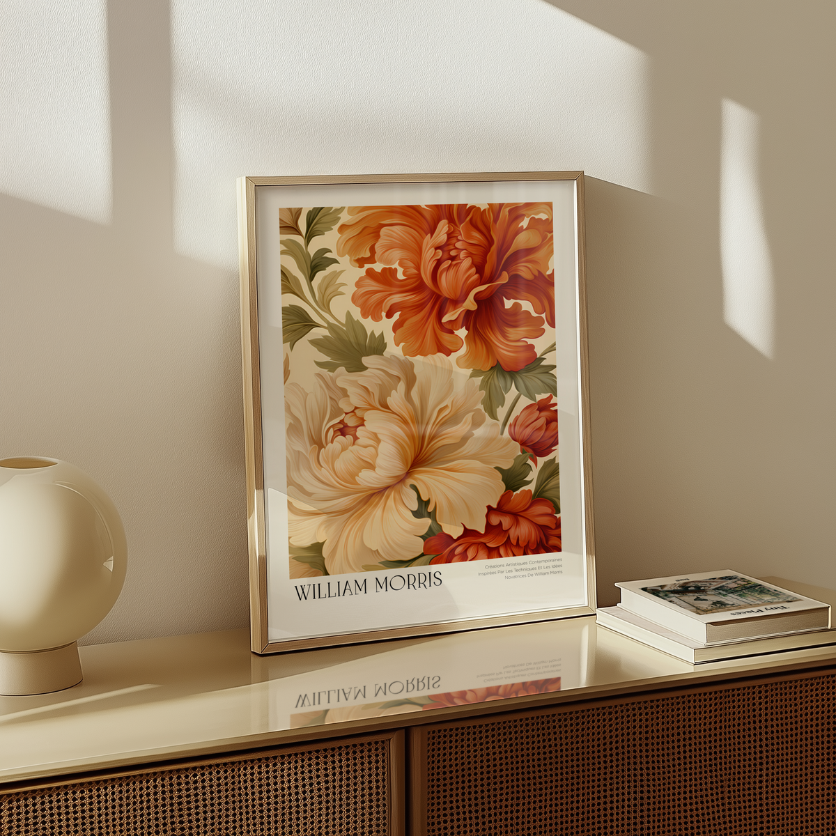 Mockup av William Morris Amber Peony affisch på vägg – köp enkelt hos Bozetto i hög kvalitet