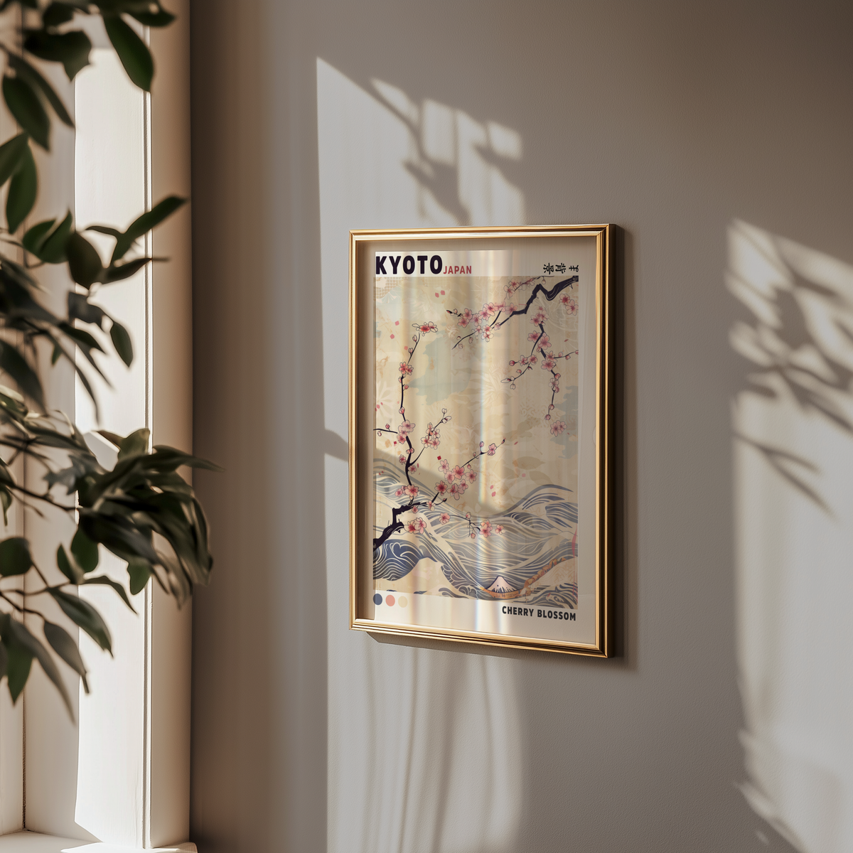 Mockup av Kyoto Blossom Wave affisch på vägg – köp enkelt hos Bozetto i hög kvalitet