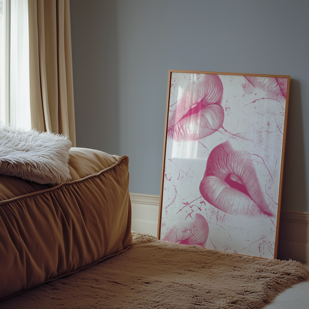 Mockup av Kiss Me Softly affisch på vägg – köp enkelt hos Bozetto i hög kvalitet