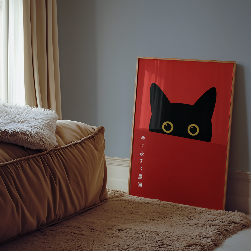 Mockup av Red Horizon Black Cat affisch på vägg – köp enkelt hos Bozetto i hög kvalitet