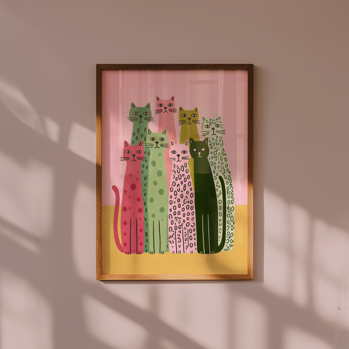 Mockup av Colorful Cat Lineup affisch på vägg – köp enkelt hos Bozetto i hög kvalitet