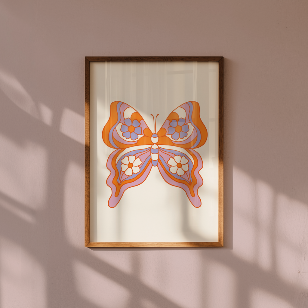 Mockup av Orange Butterfly Symmetry affisch på vägg – köp enkelt hos Bozetto i hög kvalitet