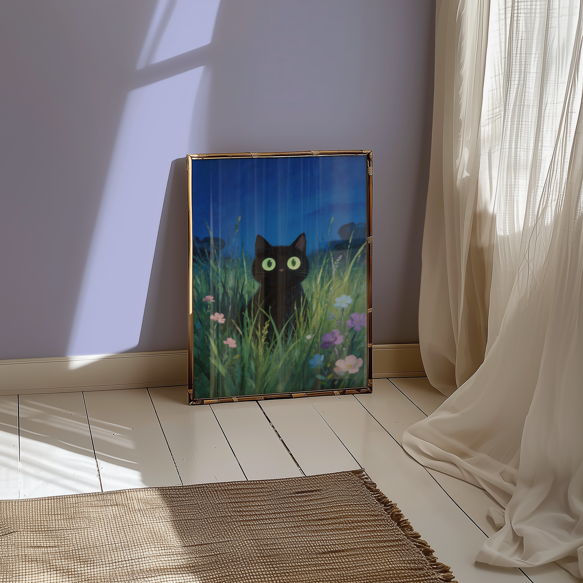 Mockup av Verdant Night Cat affisch på vägg – köp enkelt hos Bozetto i hög kvalitet