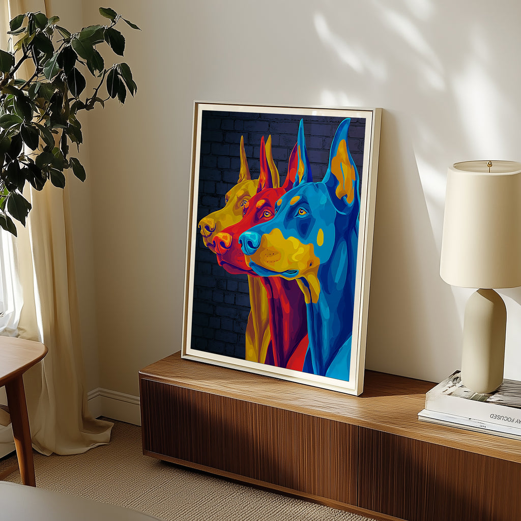 Mockup av Pop Art Doberman affisch på vägg – köp enkelt hos Bozetto i hög kvalitet