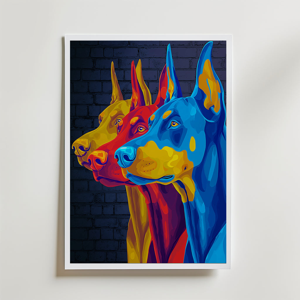 Pop Art Doberman – stilfullt konsttryck från Bozetto, tryckt på matt finpapper i hög tryckkvalitet