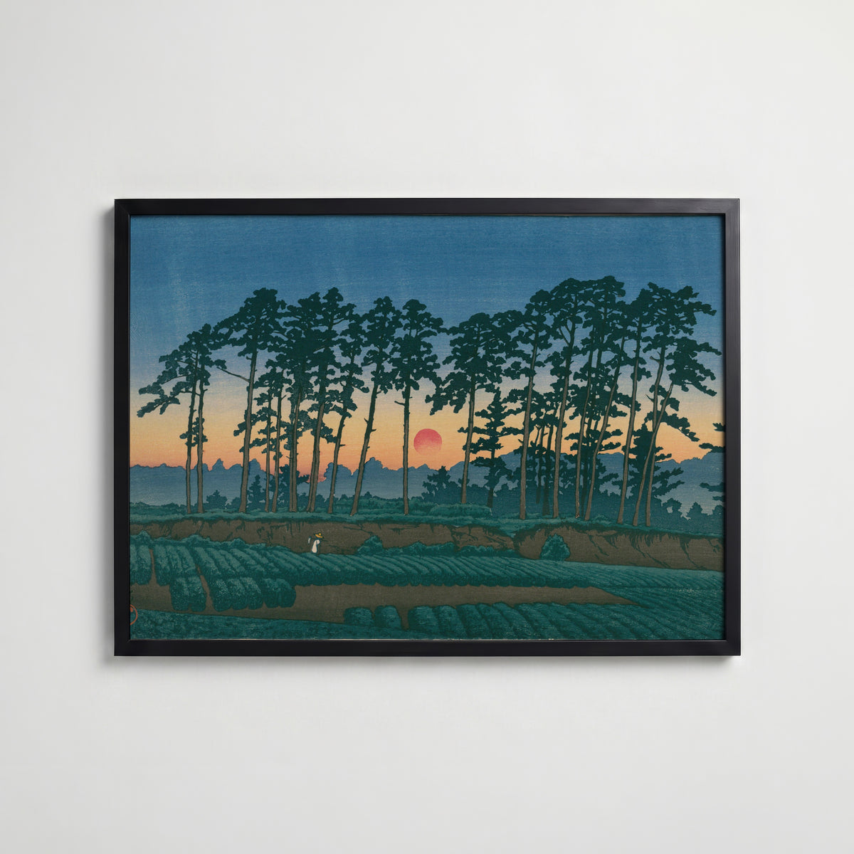Hasui Kawase Setting Sun at Ichinokura Ikegami 1928 Poster – svart ram