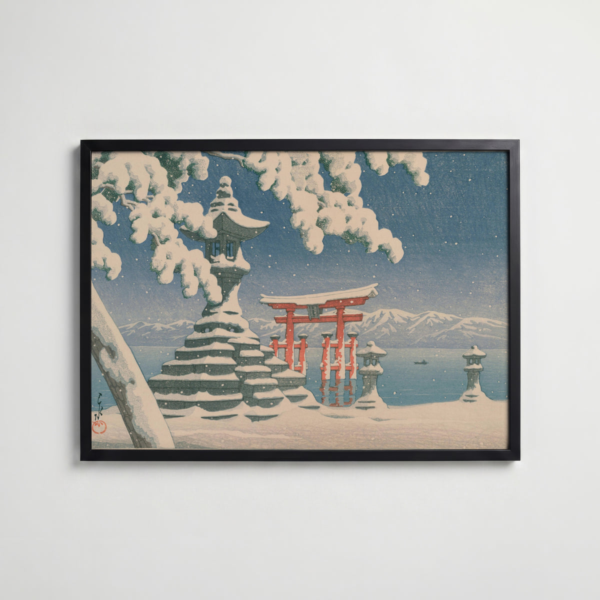 Hasui Kawase Snow at Itsukushima 1932 Poster – svart ram
