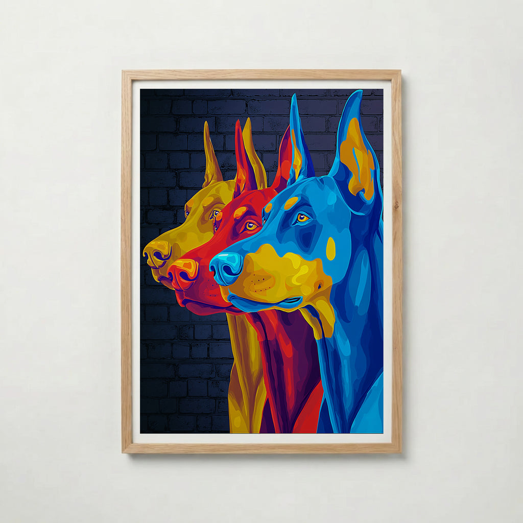 Pop Art Doberman i ekram med ljust trä – köp enkelt hos Bozetto affisch i hög kvalitet