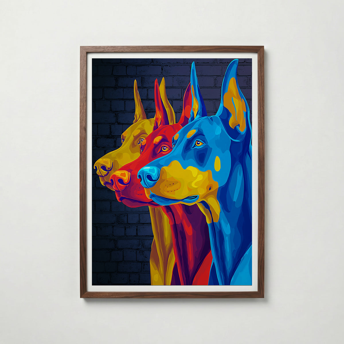 Pop Art Doberman i valnötsram med mörkt trä – köp enkelt hos Bozetto i hög kvalitet